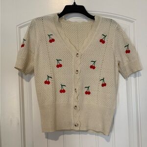 Embroidered Cherry Cottagecore Red Cream Short Sleeve Cardigan Sweater - Small